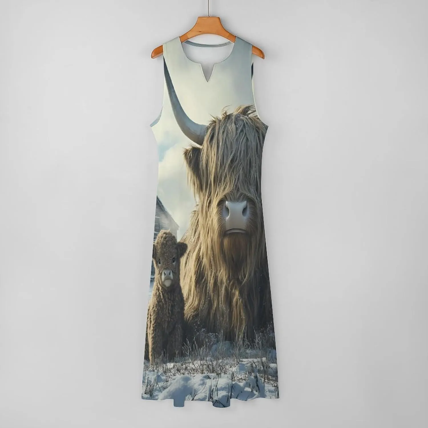 Highland Cows Winter Women's Summer Sleeveless Dress Ruffle Flowy Casual Ankle Length Dresses with Pockets