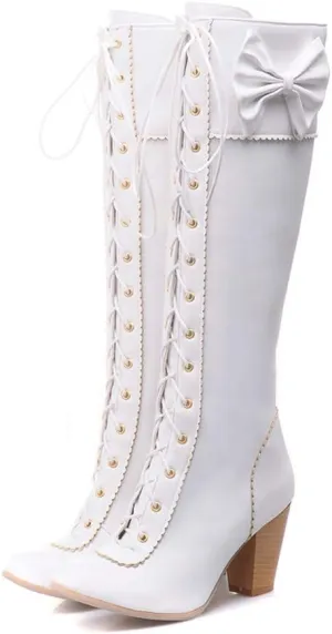HILIB Women's Lace-Up Strappy Knee High Bowtie Elegants Boots Combat Stacked Heel Boot
