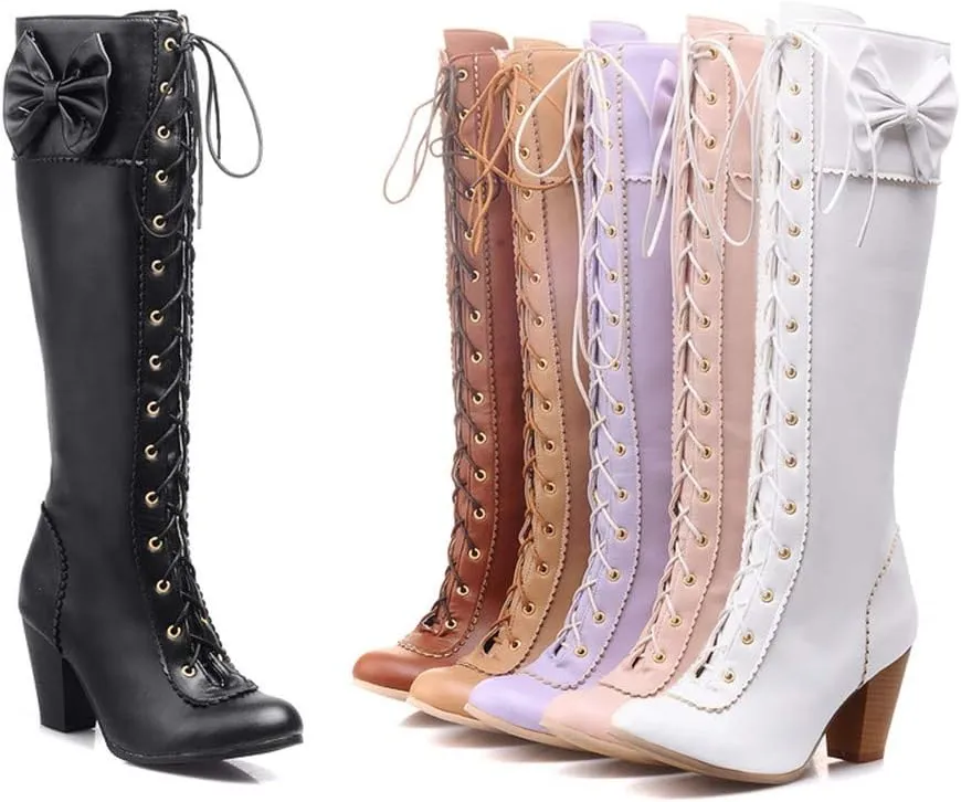 HILIB Women's Lace-Up Strappy Knee High Bowtie Elegants Boots Combat Stacked Heel Boot