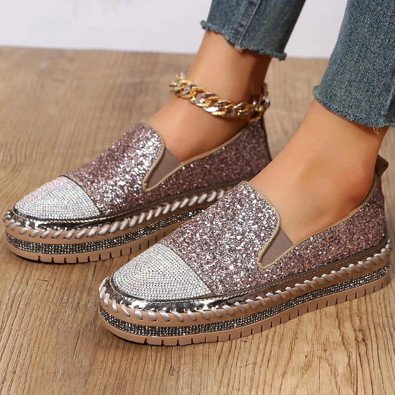 HINDOLA Women's Platform Rhinestone Glitter Sneaker Fashion Slip-On Sparkle Bling Flat Loafers Casual Walking Dress Shoes B-pink