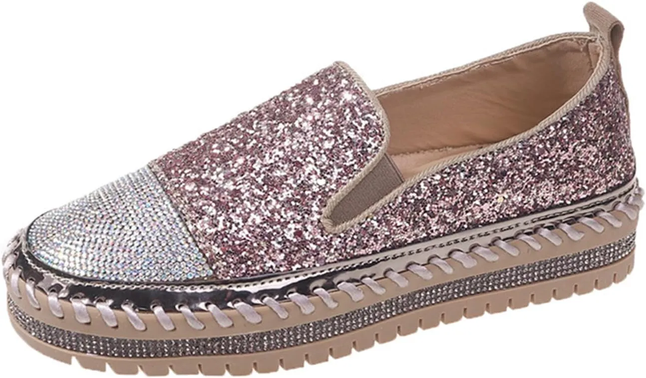 HINDOLA Women's Platform Rhinestone Glitter Sneaker Fashion Slip-On Sparkle Bling Flat Loafers Casual Walking Dress Shoes B-pink