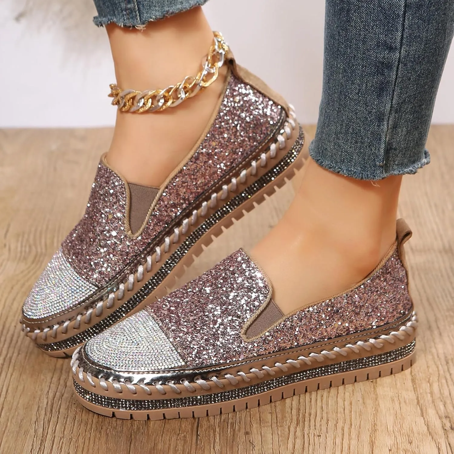 HINDOLA Women's Platform Rhinestone Glitter Sneaker Fashion Slip-On Sparkle Bling Flat Loafers Casual Walking Dress Shoes B-pink