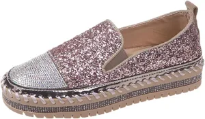 HINDOLA Women's Platform Rhinestone Glitter Sneaker Fashion Slip-On Sparkle Bling Flat Loafers Casual Walking Dress Shoes B-pink