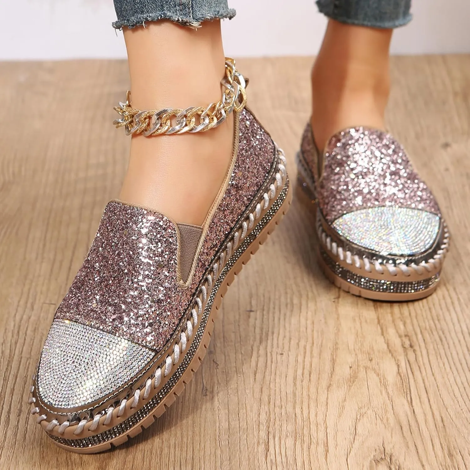 HINDOLA Women's Platform Rhinestone Glitter Sneaker Fashion Slip-On Sparkle Bling Flat Loafers Casual Walking Dress Shoes B-pink