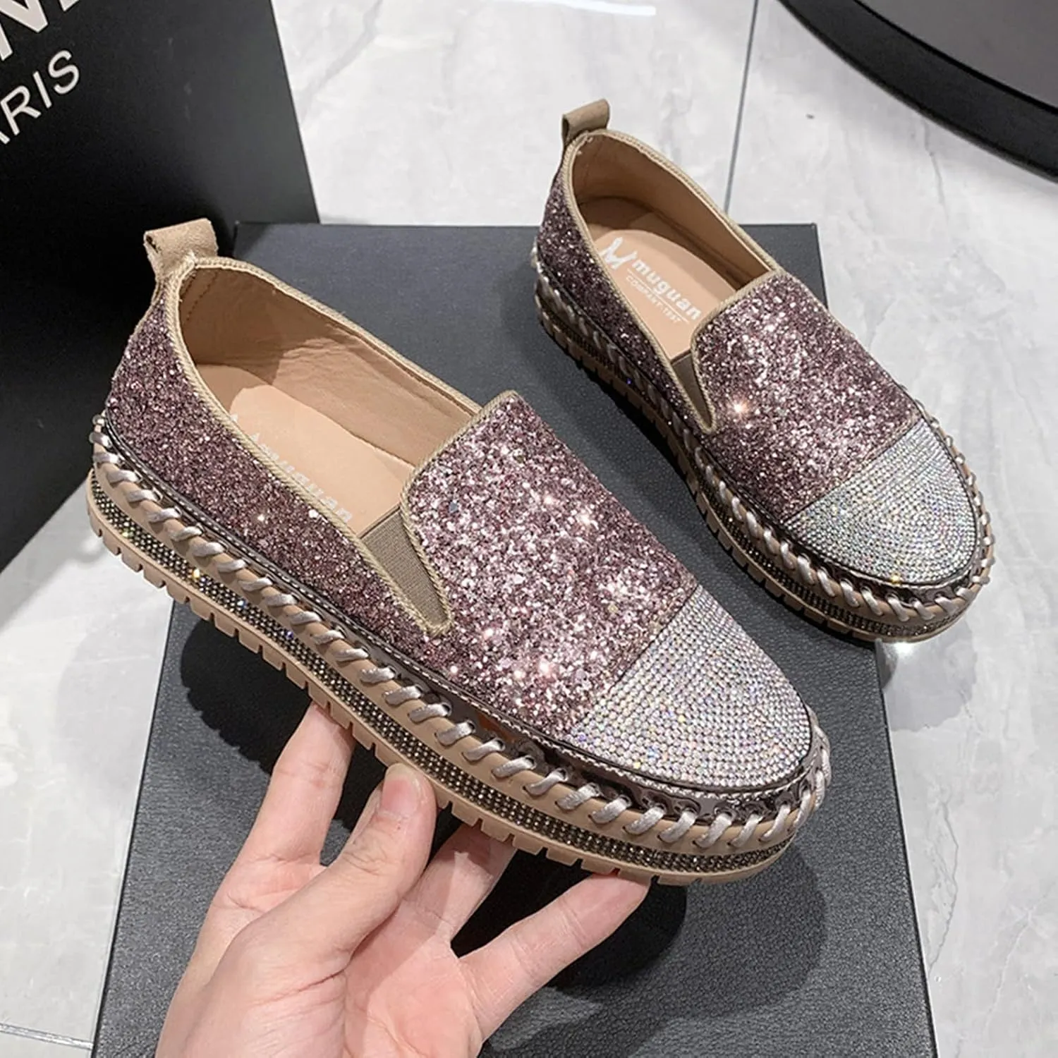 HINDOLA Women's Platform Rhinestone Glitter Sneaker Fashion Slip-On Sparkle Bling Flat Loafers Casual Walking Dress Shoes B-pink