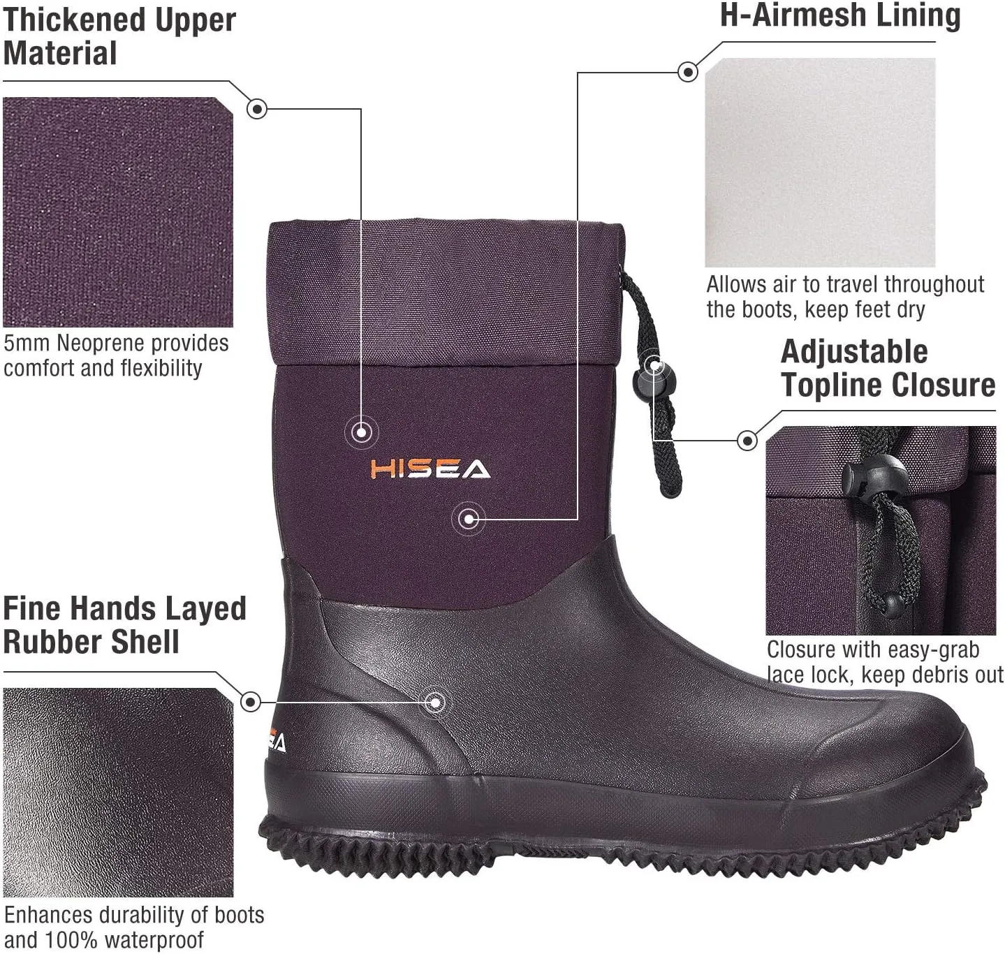 HISEA Men's Rain Boots, Garden Boots Ankle High Waterproof Neoprene Rubber Mud Boots