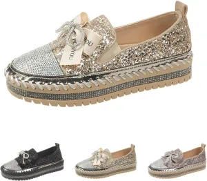 Hopomart YHEROHG Women's Platform Rhinestones Cute Bow Slip on Sneaker,Casual Fashion Platform Dress Shoe Loafers