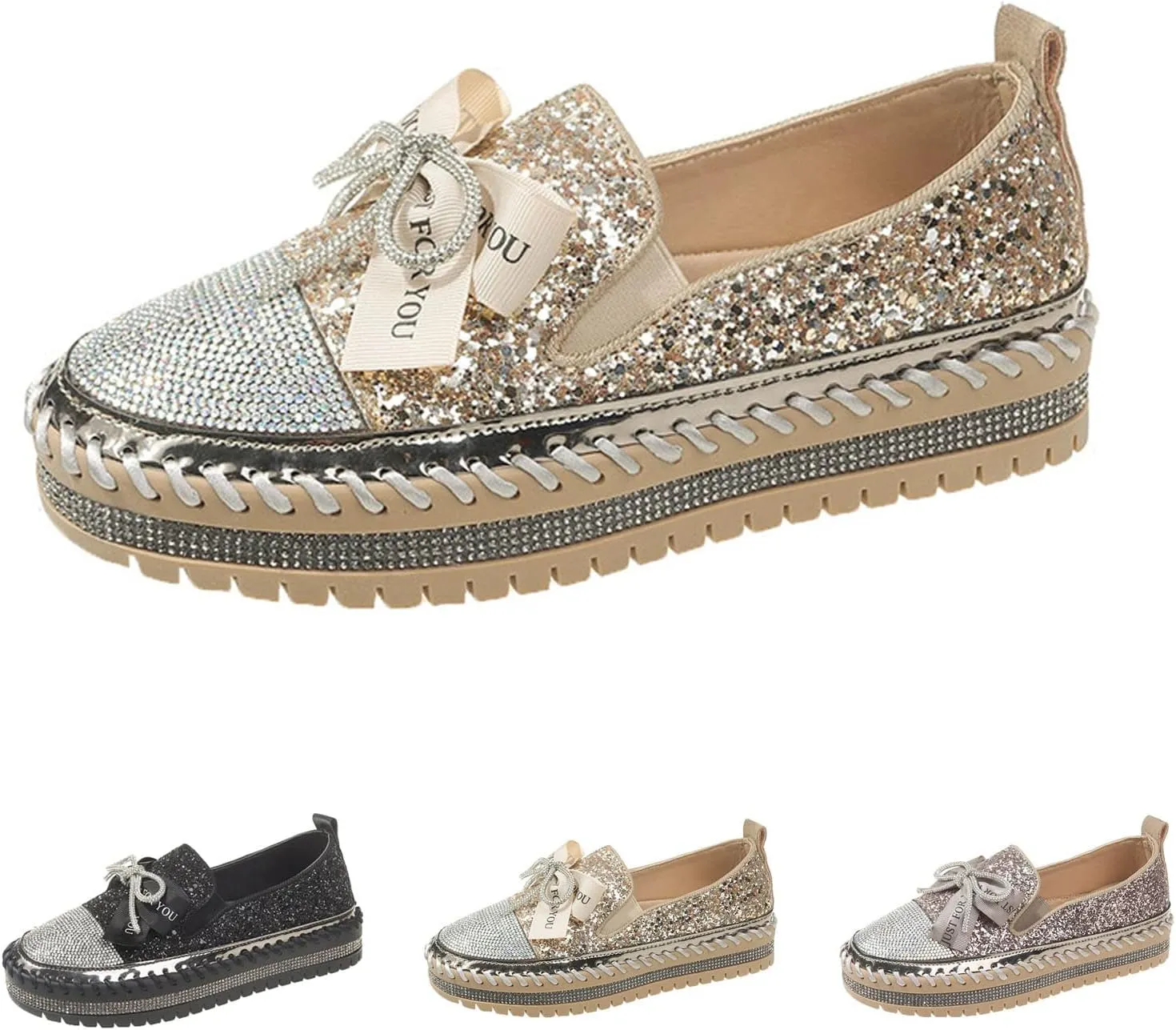 Hopomart YHEROHG Women's Platform Rhinestones Cute Bow Slip on Sneaker,Casual Fashion Platform Dress Shoe Loafers