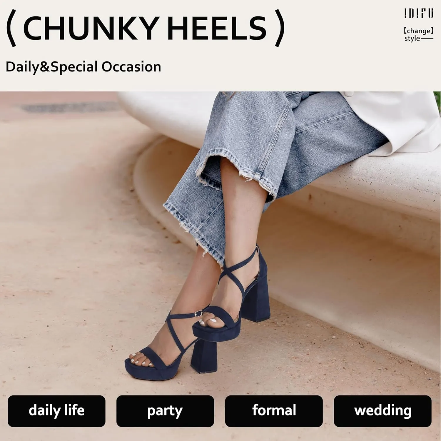 IDIFU IN4 Platform Heels for Women - High Strappy Chunky Block Square Toe Sexy Wedding Dress Shoes - Open Toe Ankle Strap Heeled Sandals - Comfortable Thick Heels - Half Size Larger