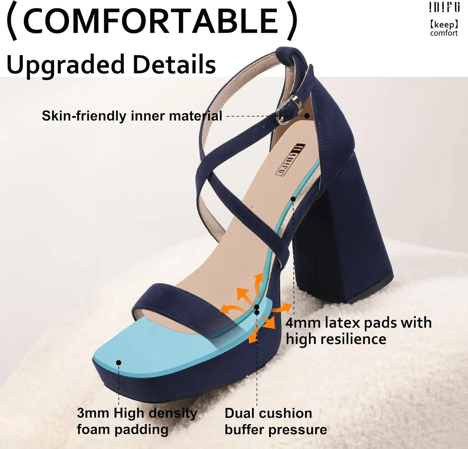 IDIFU IN4 Platform Heels for Women - High Strappy Chunky Block Square Toe Sexy Wedding Dress Shoes - Open Toe Ankle Strap Heeled Sandals - Comfortable Thick Heels - Half Size Larger