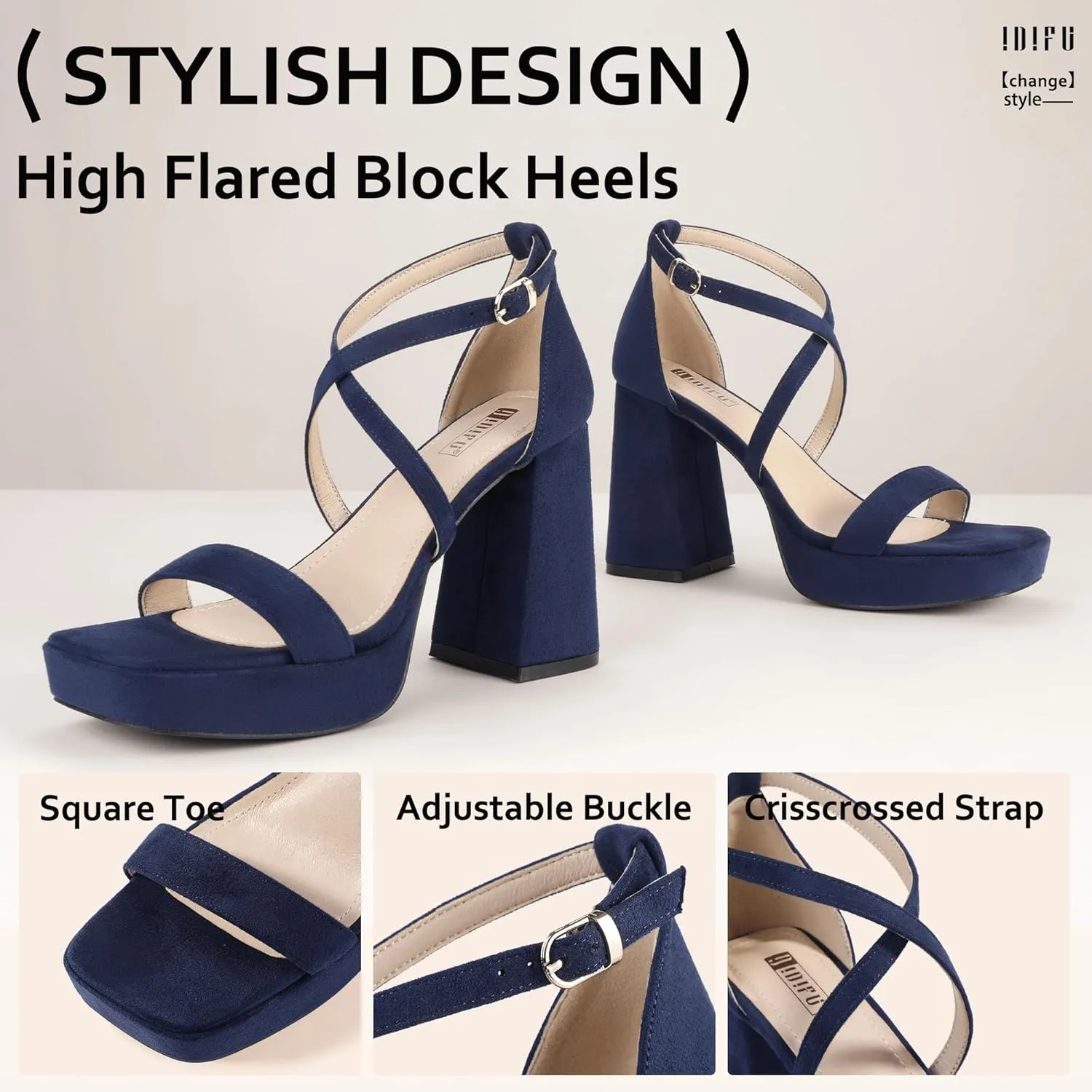 IDIFU IN4 Platform Heels for Women - High Strappy Chunky Block Square Toe Sexy Wedding Dress Shoes - Open Toe Ankle Strap Heeled Sandals - Comfortable Thick Heels - Half Size Larger