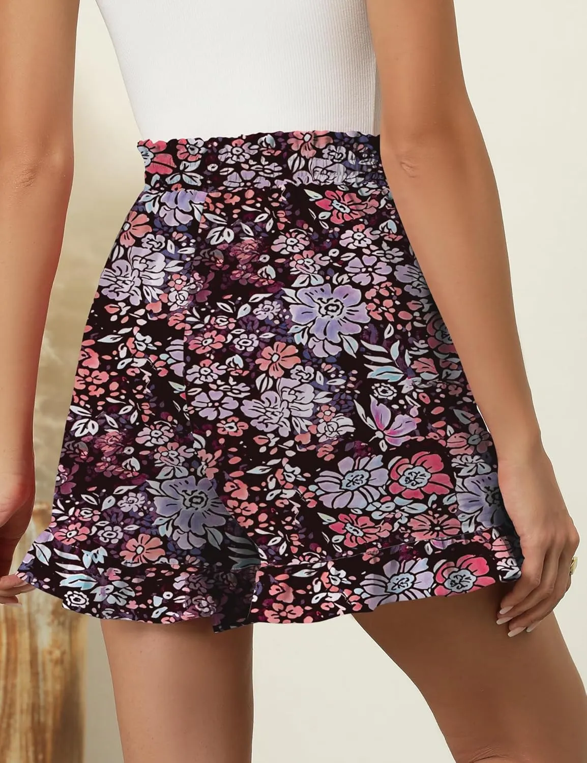IECCP Women's Shorts 2025 Summer Casual Cute Ruffle Shorts Comfy Elastic Waist Drawstring Pleated Short with Pockets
