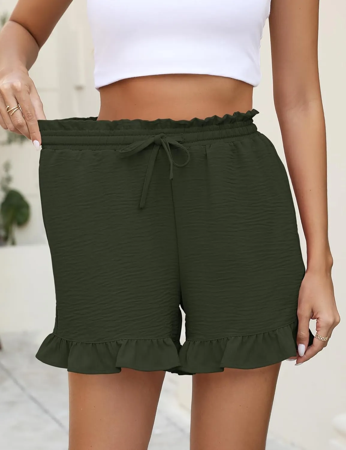 IECCP Women's Shorts 2025 Summer Casual Cute Ruffle Shorts Comfy Elastic Waist Drawstring Pleated Short with Pockets