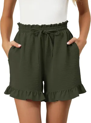 IECCP Women's Shorts 2025 Summer Casual Cute Ruffle Shorts Comfy Elastic Waist Drawstring Pleated Short with Pockets