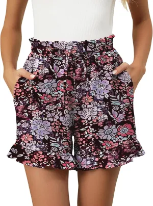IECCP Women's Shorts 2025 Summer Casual Cute Ruffle Shorts Comfy Elastic Waist Drawstring Pleated Short with Pockets
