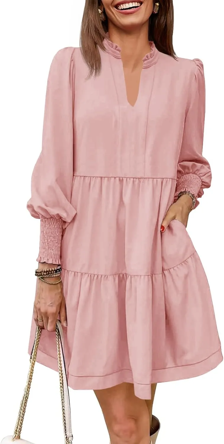 Imily Bela Womens Fall Long Sleeve Tunic Dress Casual V Neck Loose Ruffle Tiered Dress