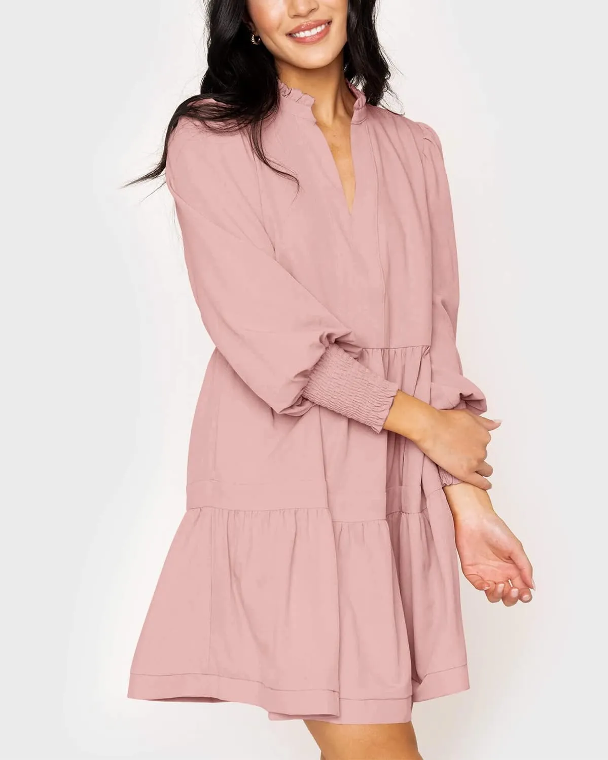 Imily Bela Womens Fall Long Sleeve Tunic Dress Casual V Neck Loose Ruffle Tiered Dress