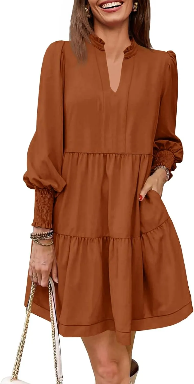 Imily Bela Womens Fall Long Sleeve Tunic Dress Casual V Neck Loose Ruffle Tiered Dress