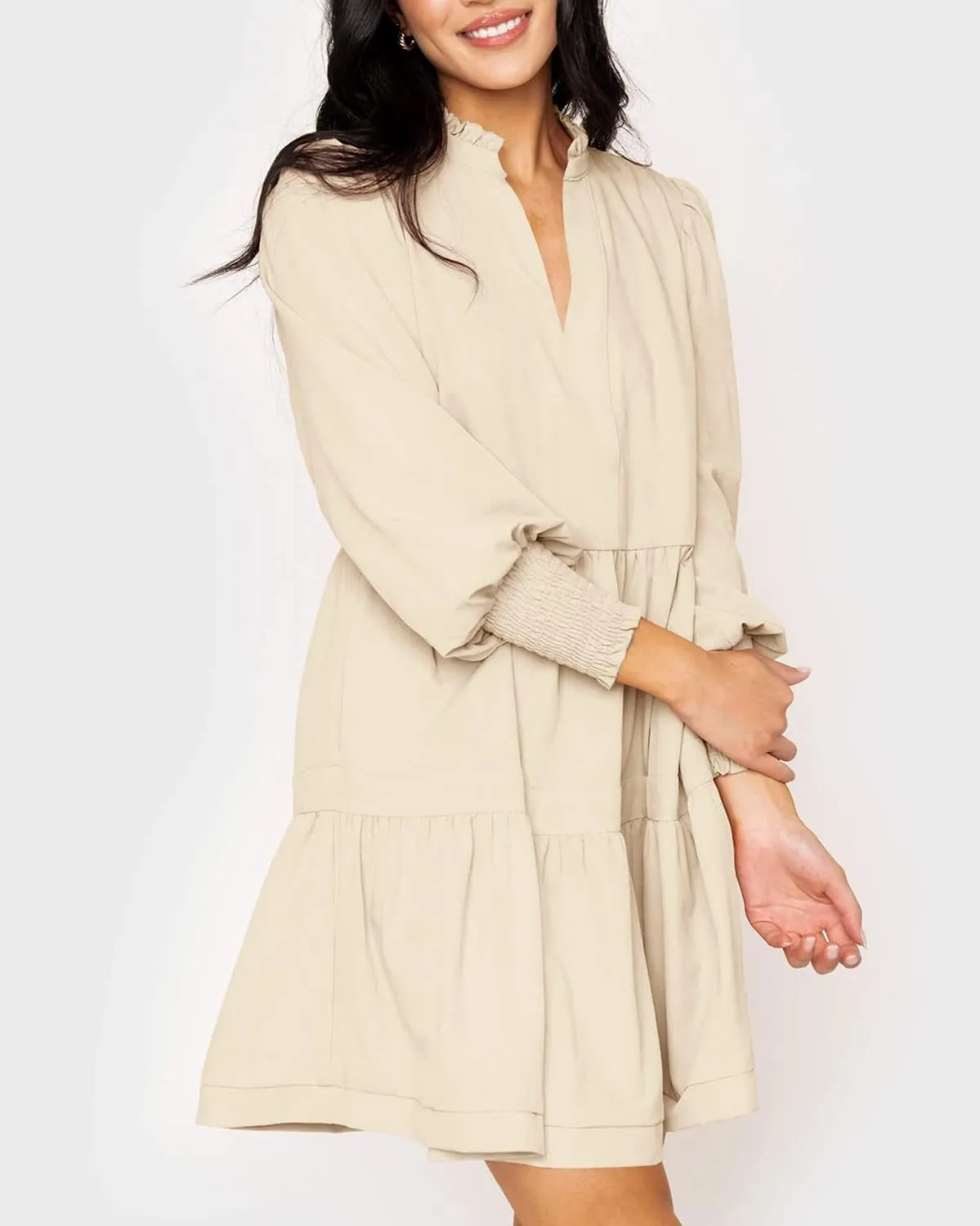 Imily Bela Womens Fall Long Sleeve Tunic Dress Casual V Neck Loose Ruffle Tiered Dress