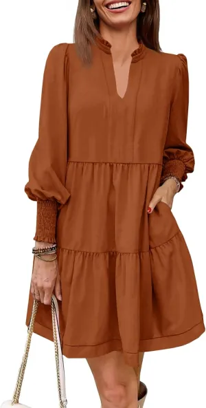 Imily Bela Womens Fall Long Sleeve Tunic Dress Casual V Neck Loose Ruffle Tiered Dress