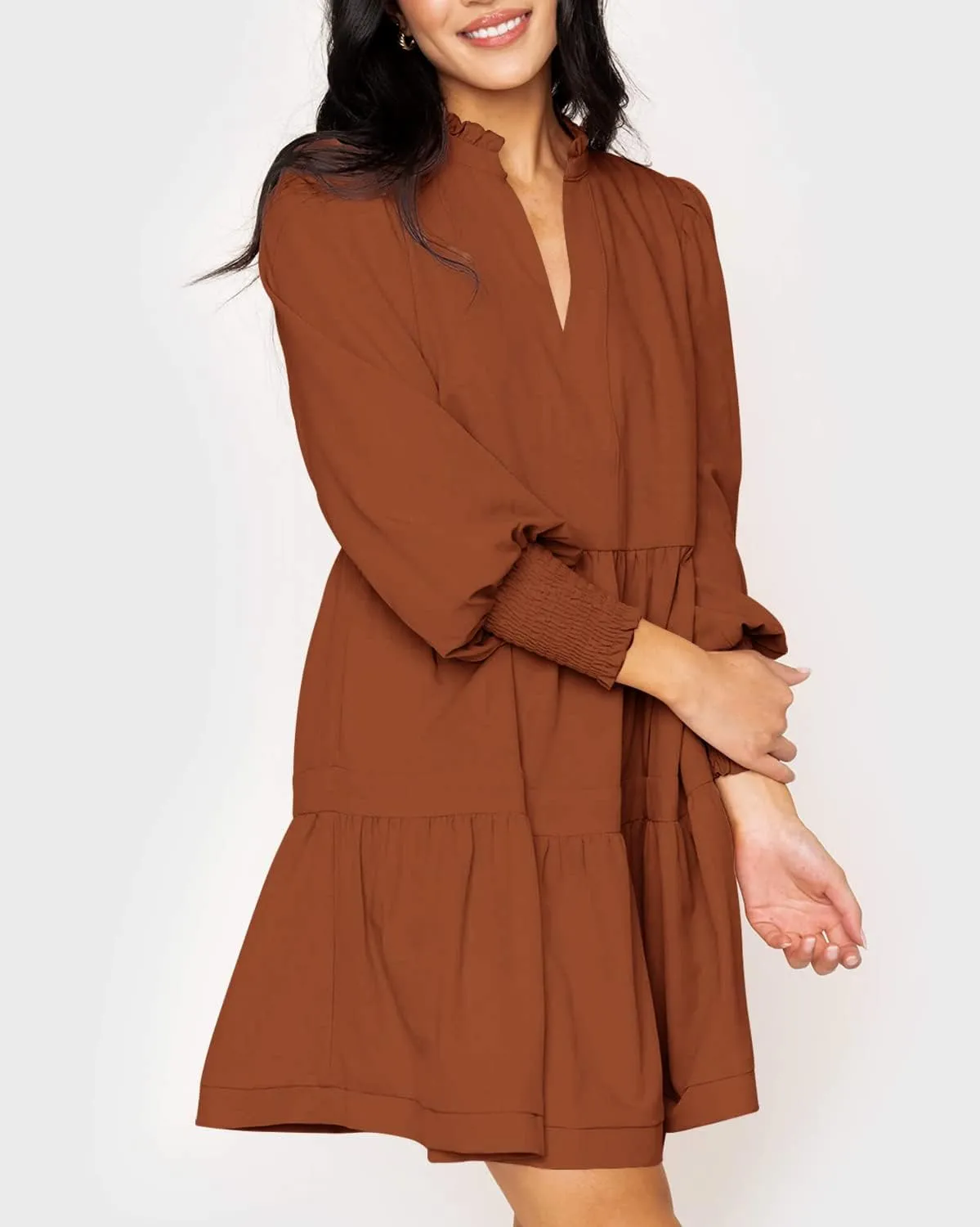 Imily Bela Womens Fall Long Sleeve Tunic Dress Casual V Neck Loose Ruffle Tiered Dress