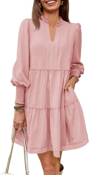 Imily Bela Womens Fall Long Sleeve Tunic Dress Casual V Neck Loose Ruffle Tiered Dress