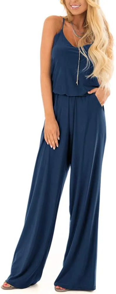 INFITTY Women's Summer Sleeveless Spaghetti Strap Sexy Jumpsuit Rompers Wide Leg Pants Suit