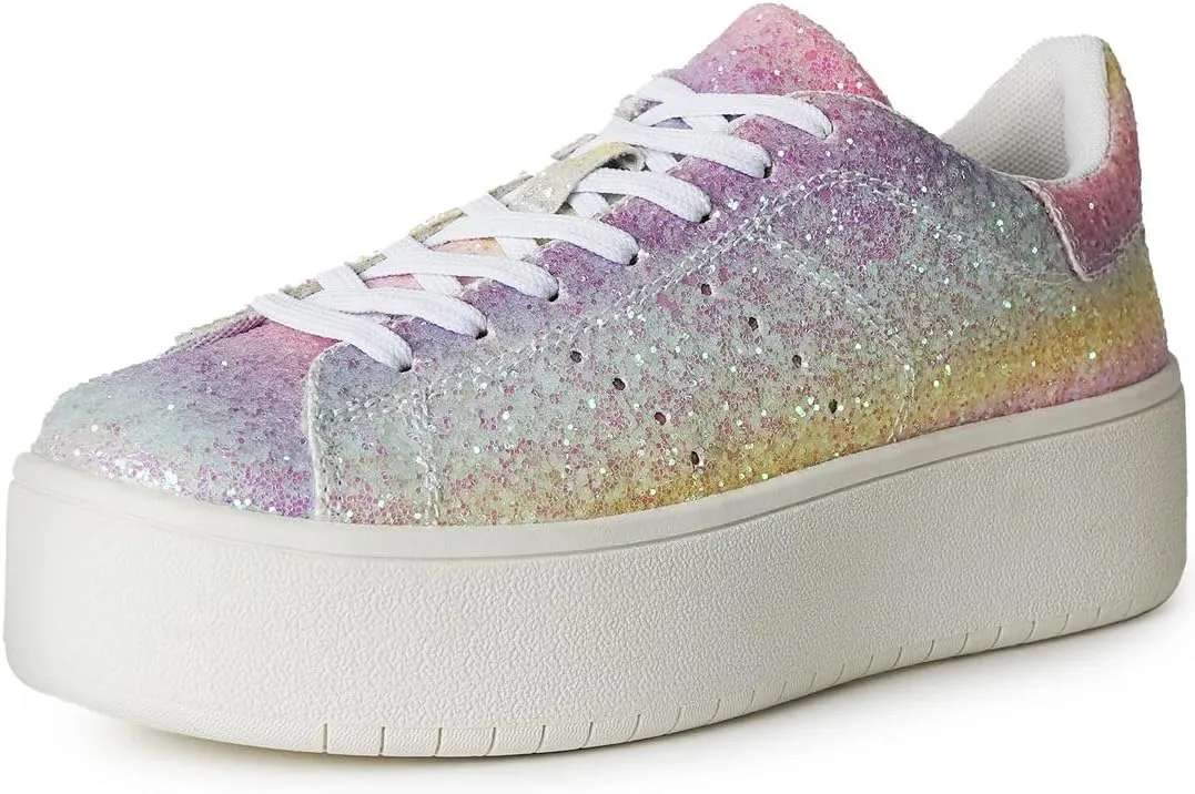J. Adams Hero Platform Sneakers for Women - Casual Lace Up Fashion Tennis Shoes - Rainbow Glitter - 10