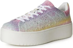 J. Adams Hero Platform Sneakers for Women - Casual Lace Up Fashion Tennis Shoes - Rainbow Glitter - 10