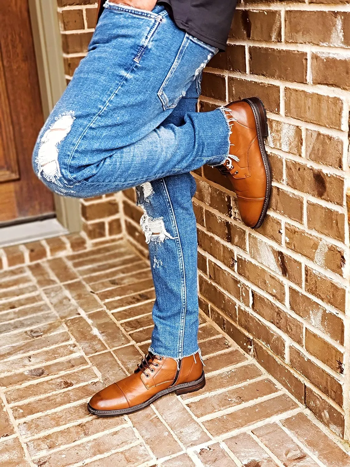 Jazamé Men's Carson Distressed Cap Toe Tall Motorcycle Military Combat Dress Boots