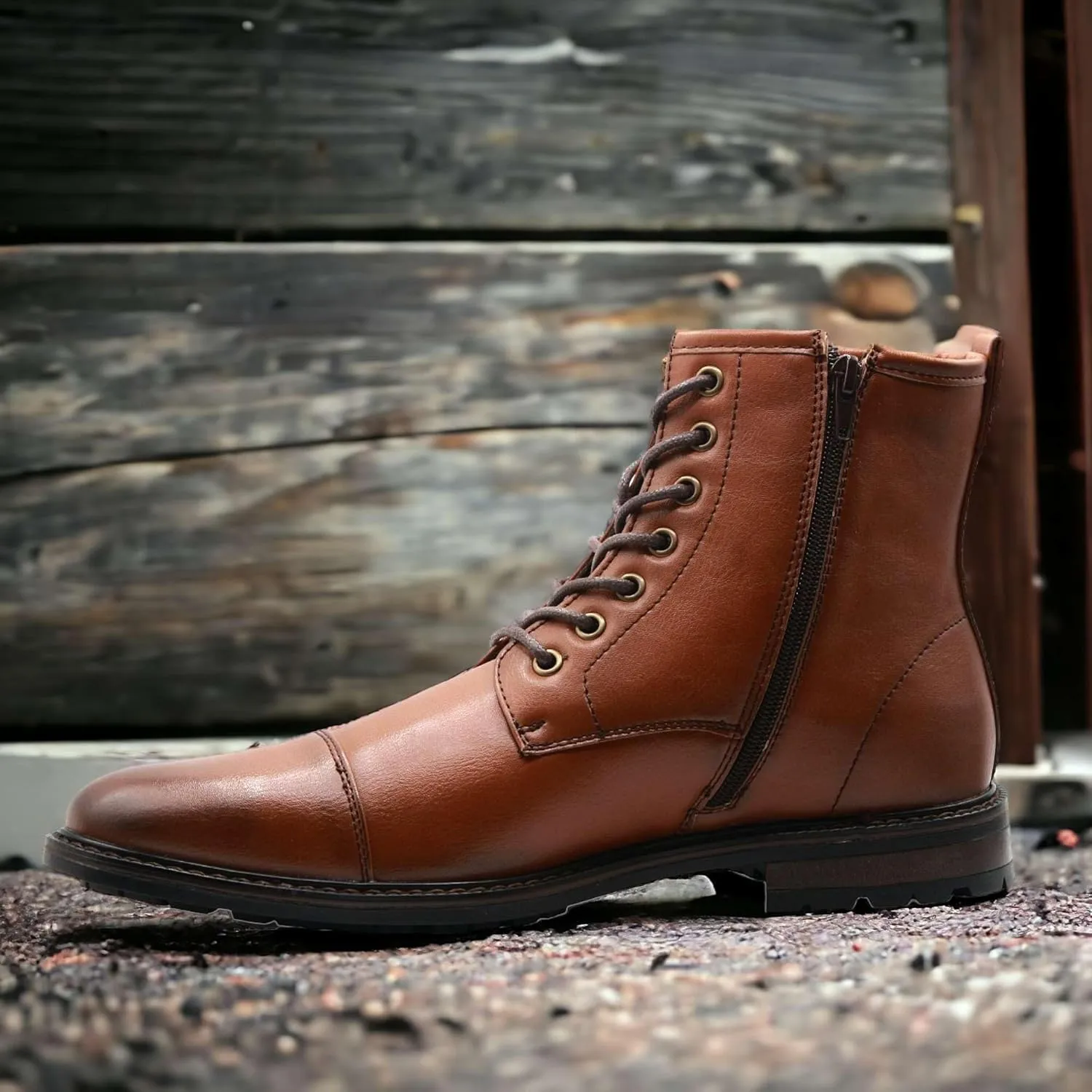 Jazamé Men's Carson Distressed Cap Toe Tall Motorcycle Military Combat Dress Boots