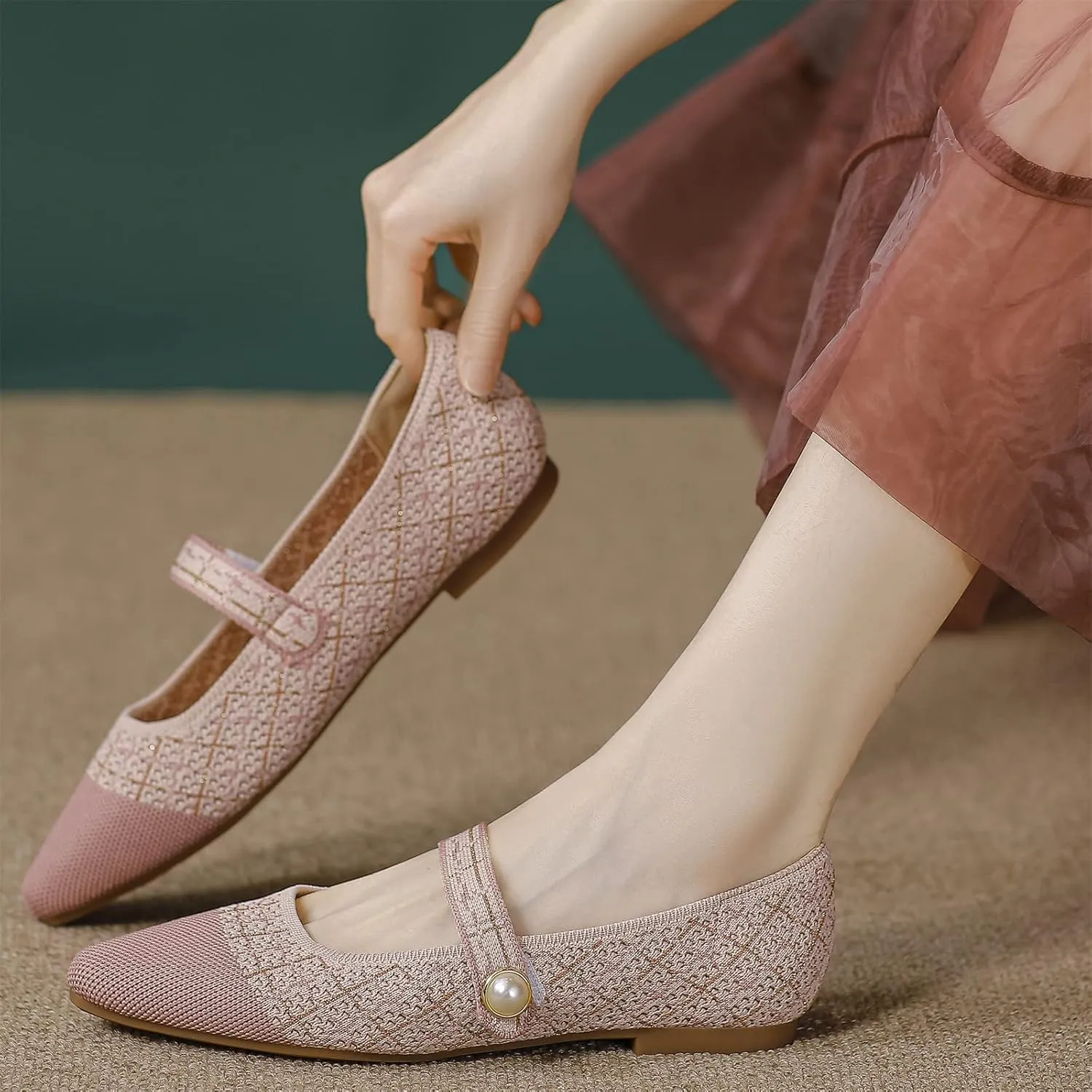 JiuQing Women's Mary Jane Shoes Knit Dress Shoes Pointy Soft Strappy Mesh Office Flats Pumps