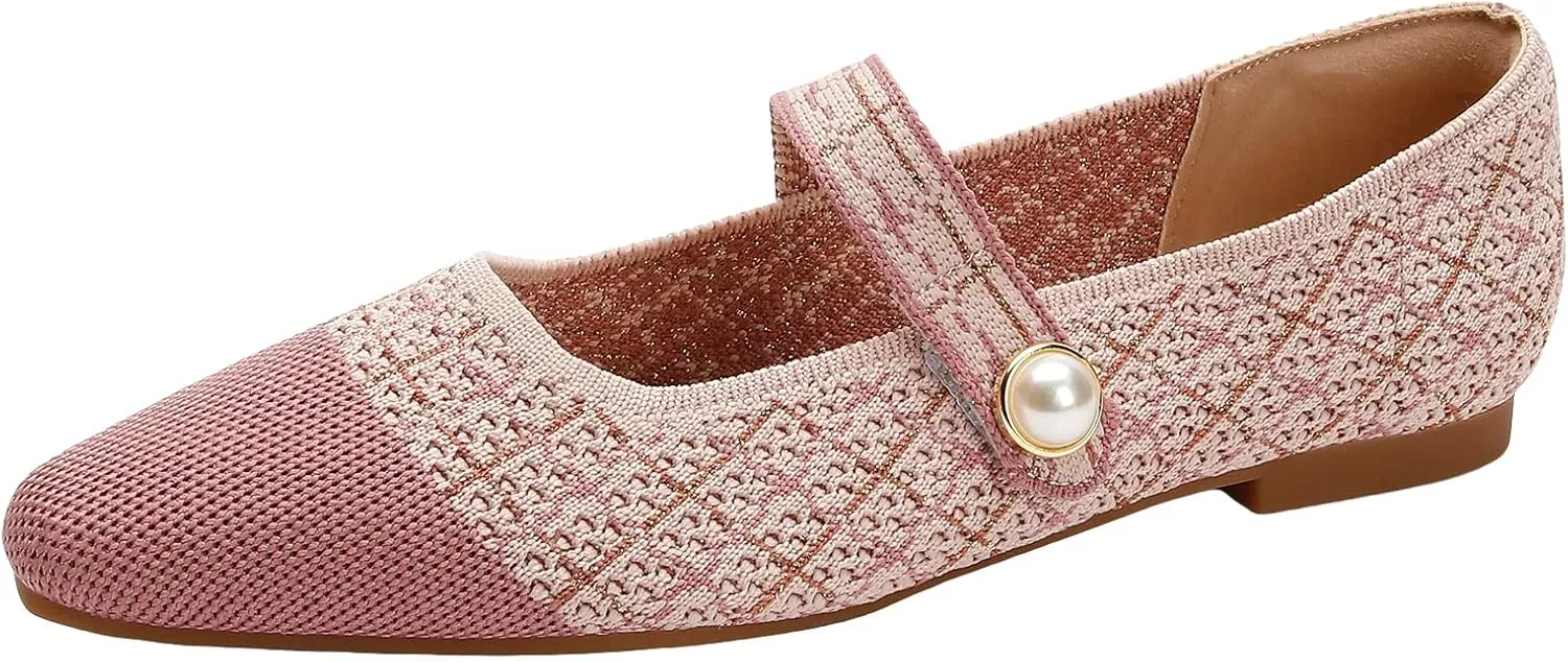 JiuQing Women's Mary Jane Shoes Knit Dress Shoes Pointy Soft Strappy Mesh Office Flats Pumps