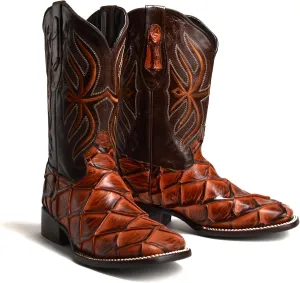 Joe Boots 708 Exotic Pirarucu Leather Print Men's Embroidered Square Toe Cowboy/Rodeo Boots Leather outsole