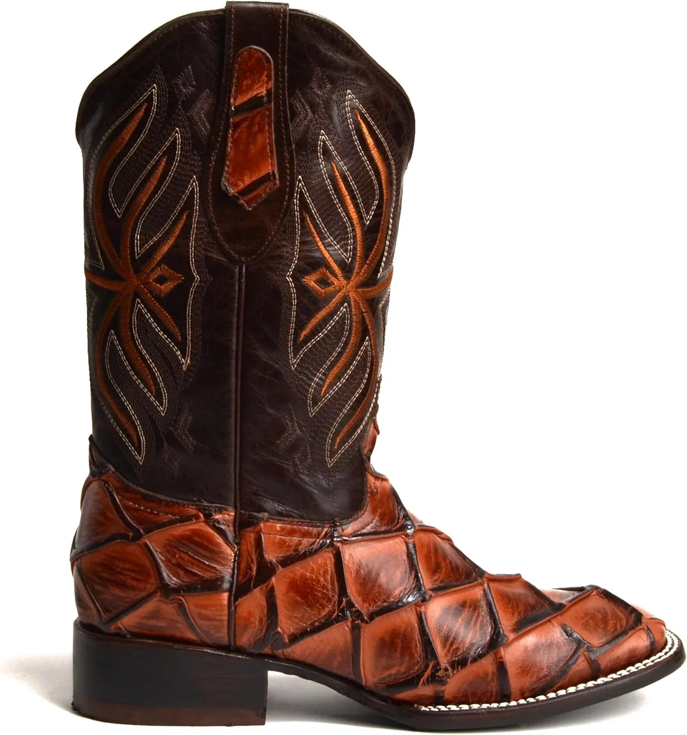 Joe Boots 708 Exotic Pirarucu Leather Print Men's Embroidered Square Toe Cowboy/Rodeo Boots Leather outsole