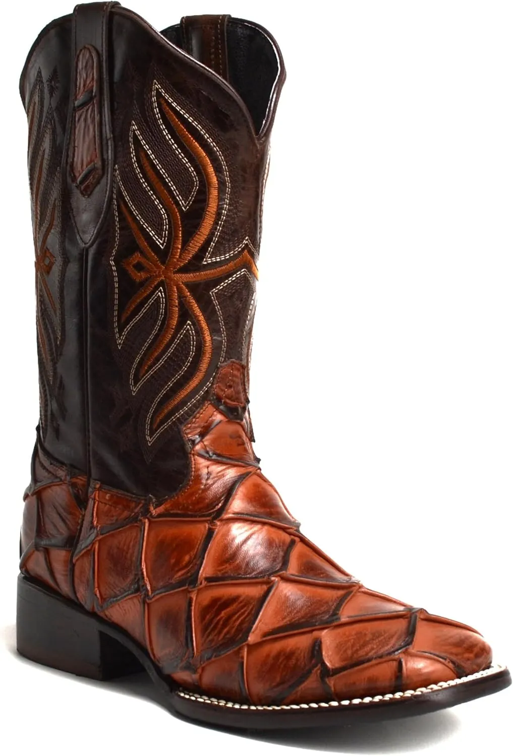 Joe Boots 708 Exotic Pirarucu Leather Print Men's Embroidered Square Toe Cowboy/Rodeo Boots Leather outsole