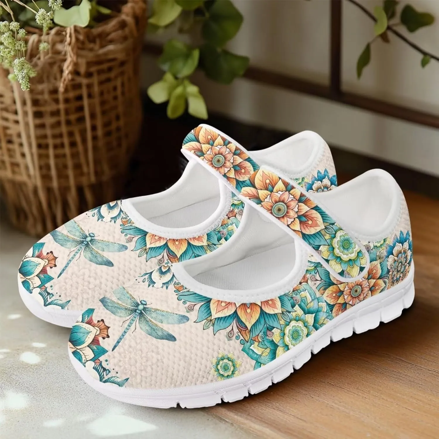 JoyLamoria Art Dragonfly Mary Jane Shoes Closed Toe Elastic Sneakers for Stylish Flats Causal Walking Shoes Comfortable