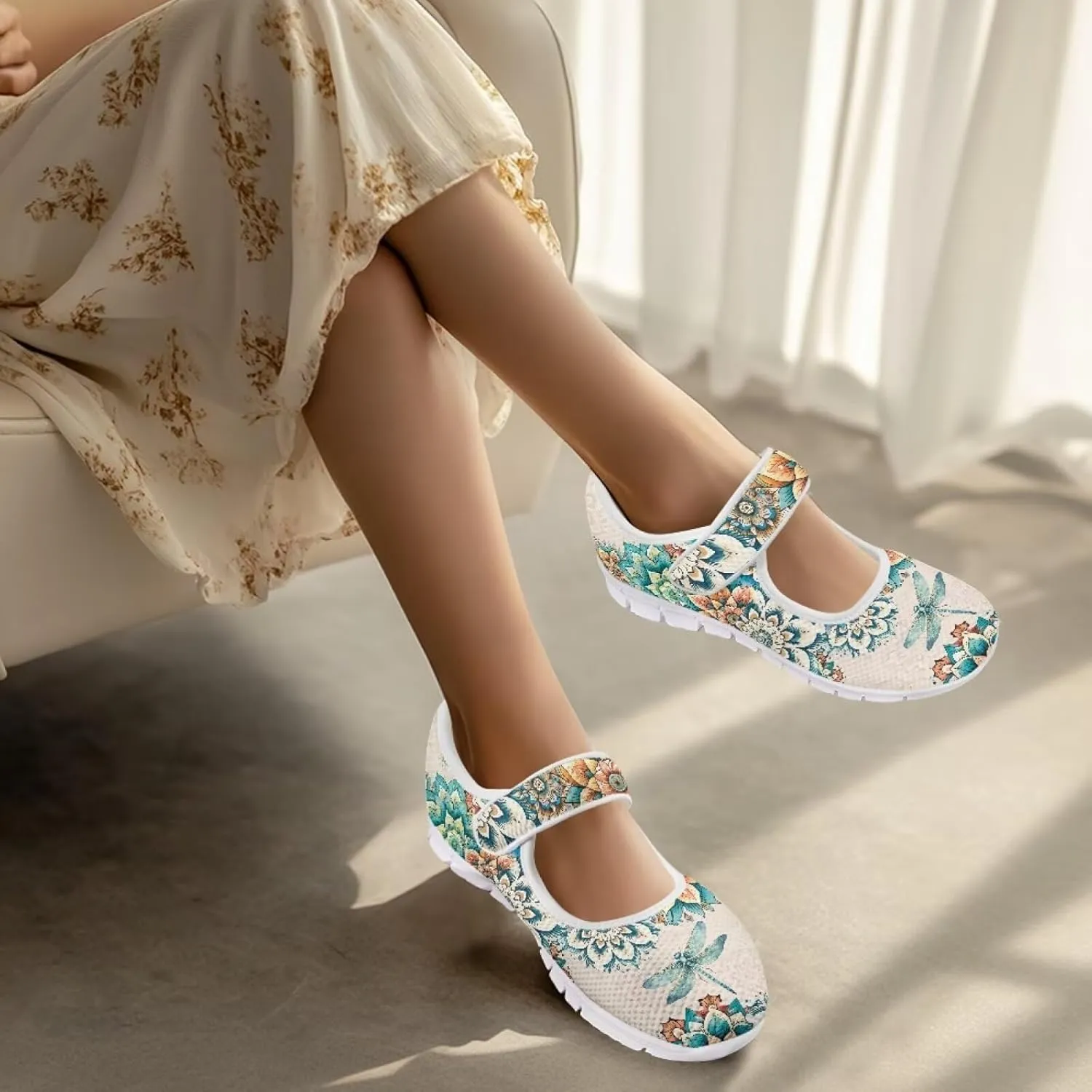 JoyLamoria Art Dragonfly Mary Jane Shoes Closed Toe Elastic Sneakers for Stylish Flats Causal Walking Shoes Comfortable