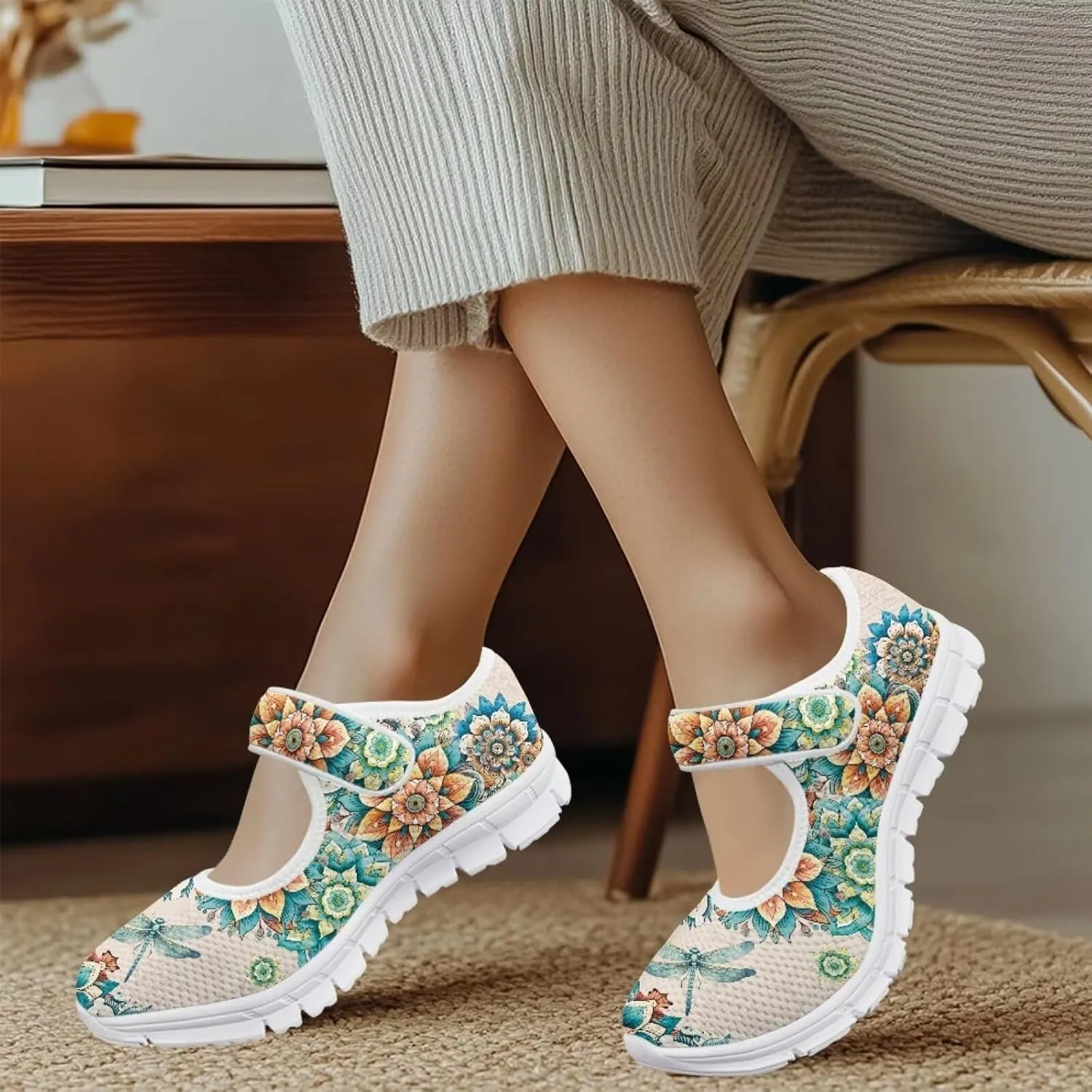 JoyLamoria Art Dragonfly Mary Jane Shoes Closed Toe Elastic Sneakers for Stylish Flats Causal Walking Shoes Comfortable