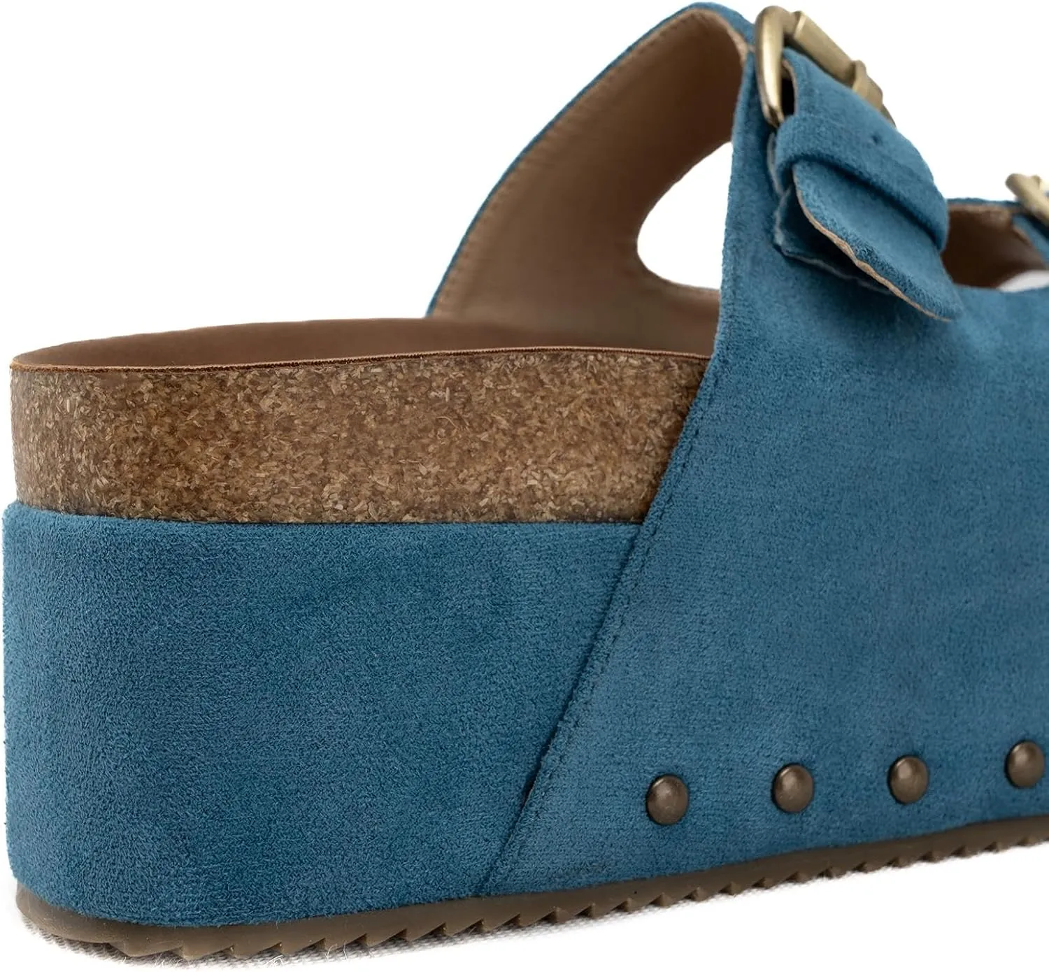 KaroNairy Studded Cork Platform Sandals For Women Slippers Clogs Platform Slip On Sandals Dual Buckled Suede/PU
