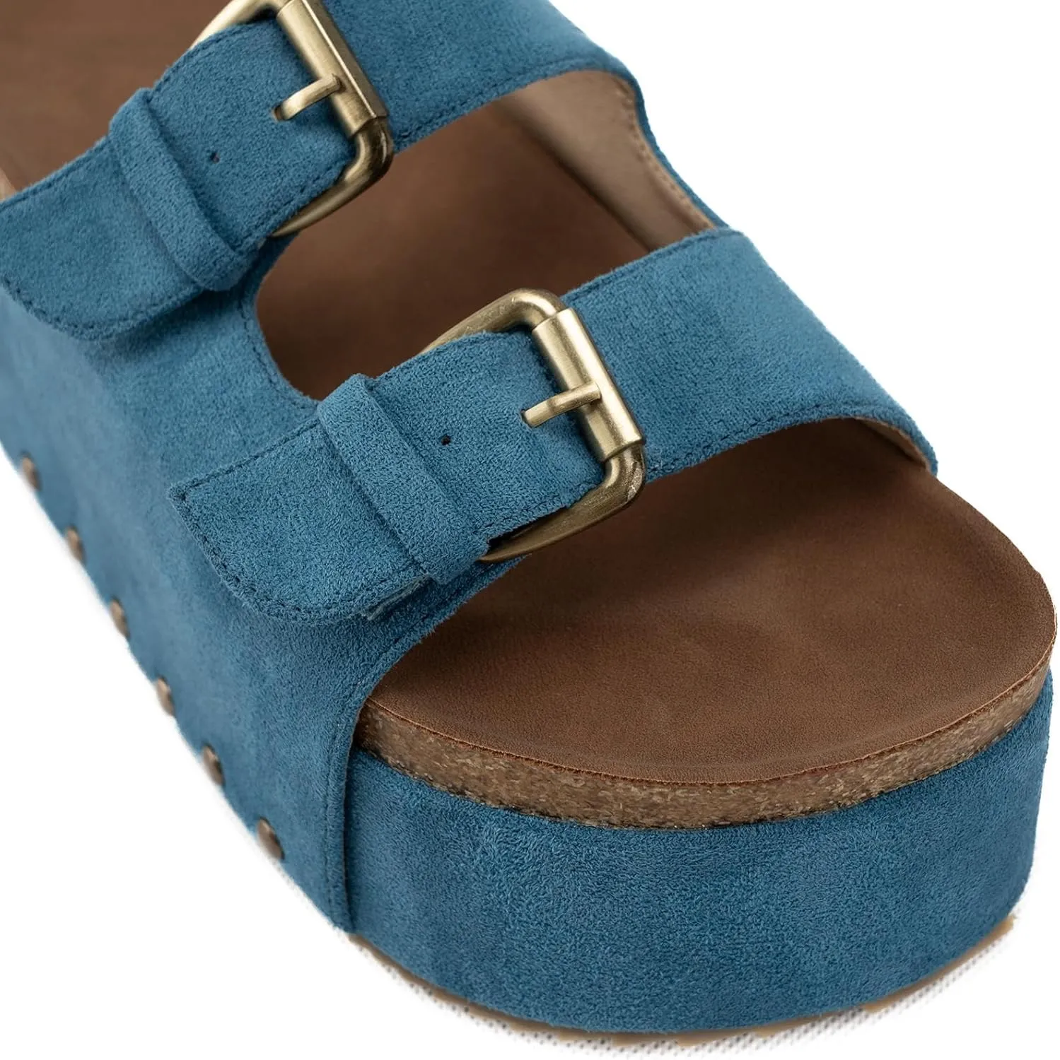 KaroNairy Studded Cork Platform Sandals For Women Slippers Clogs Platform Slip On Sandals Dual Buckled Suede/PU