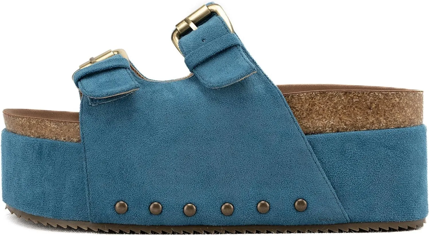 KaroNairy Studded Cork Platform Sandals For Women Slippers Clogs Platform Slip On Sandals Dual Buckled Suede/PU