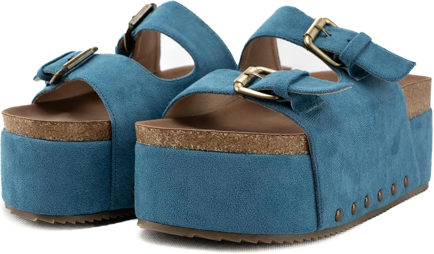 KaroNairy Studded Cork Platform Sandals For Women Slippers Clogs Platform Slip On Sandals Dual Buckled Suede/PU