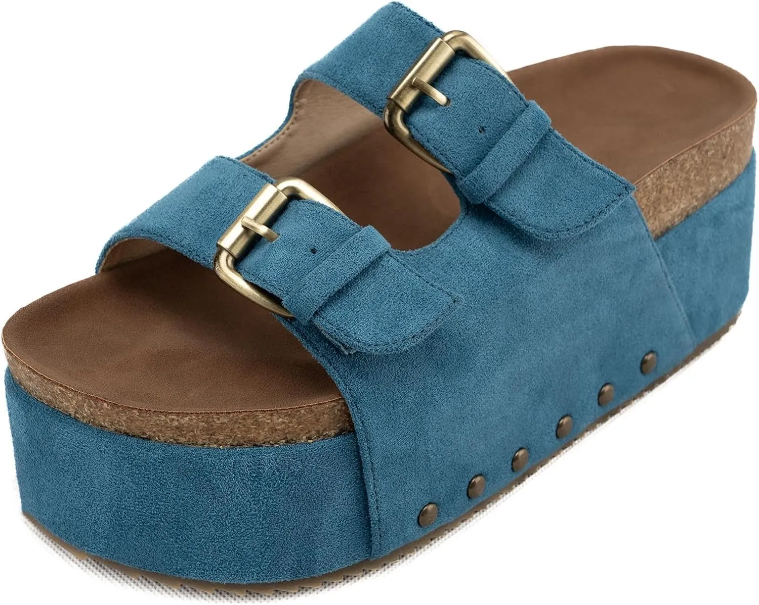 KaroNairy Studded Cork Platform Sandals For Women Slippers Clogs Platform Slip On Sandals Dual Buckled Suede/PU