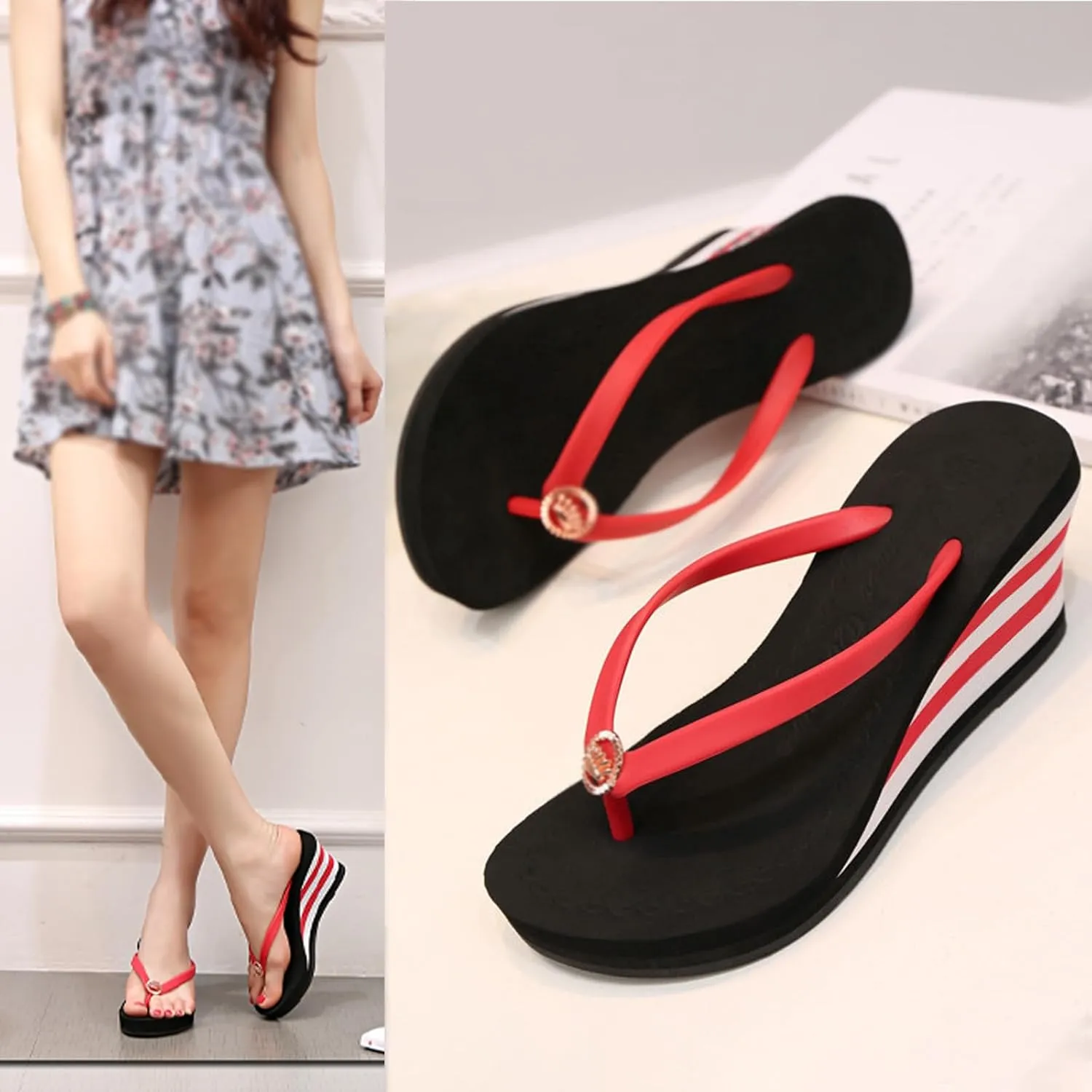 KCTRFSJ Women Sparkly Rhinestone Super High Heel Flops Sandals Stripe Wedge Platform Clip Toe Flip Flops,Slip-On Comfort Non-Slip Walking Slippers
