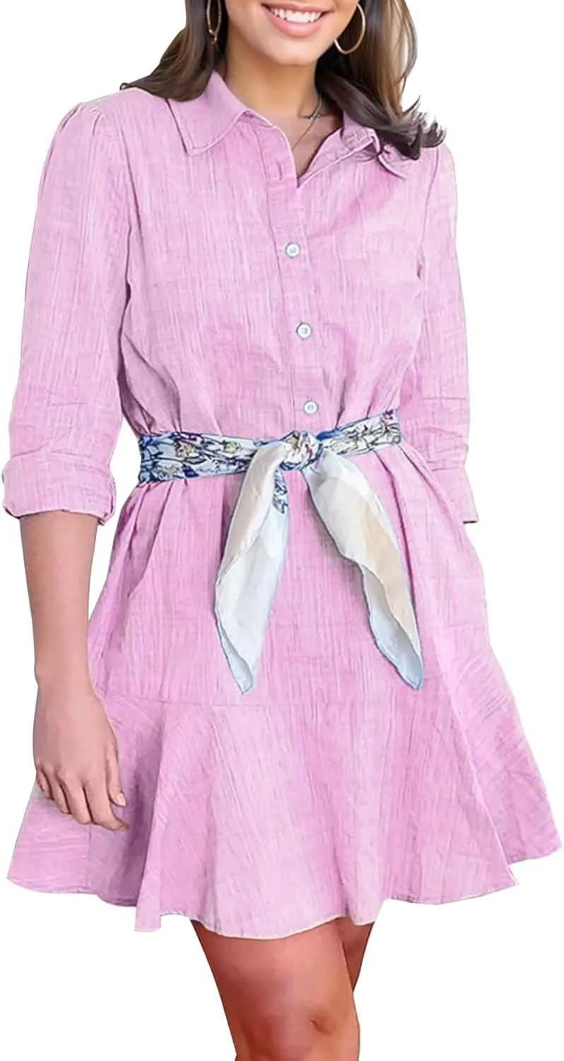 Kedera Women‘s Tunic Shirt Mini Dress Long Sleeves Short Dress Button Up Ruffle Hem Shift Dresses with Pockets