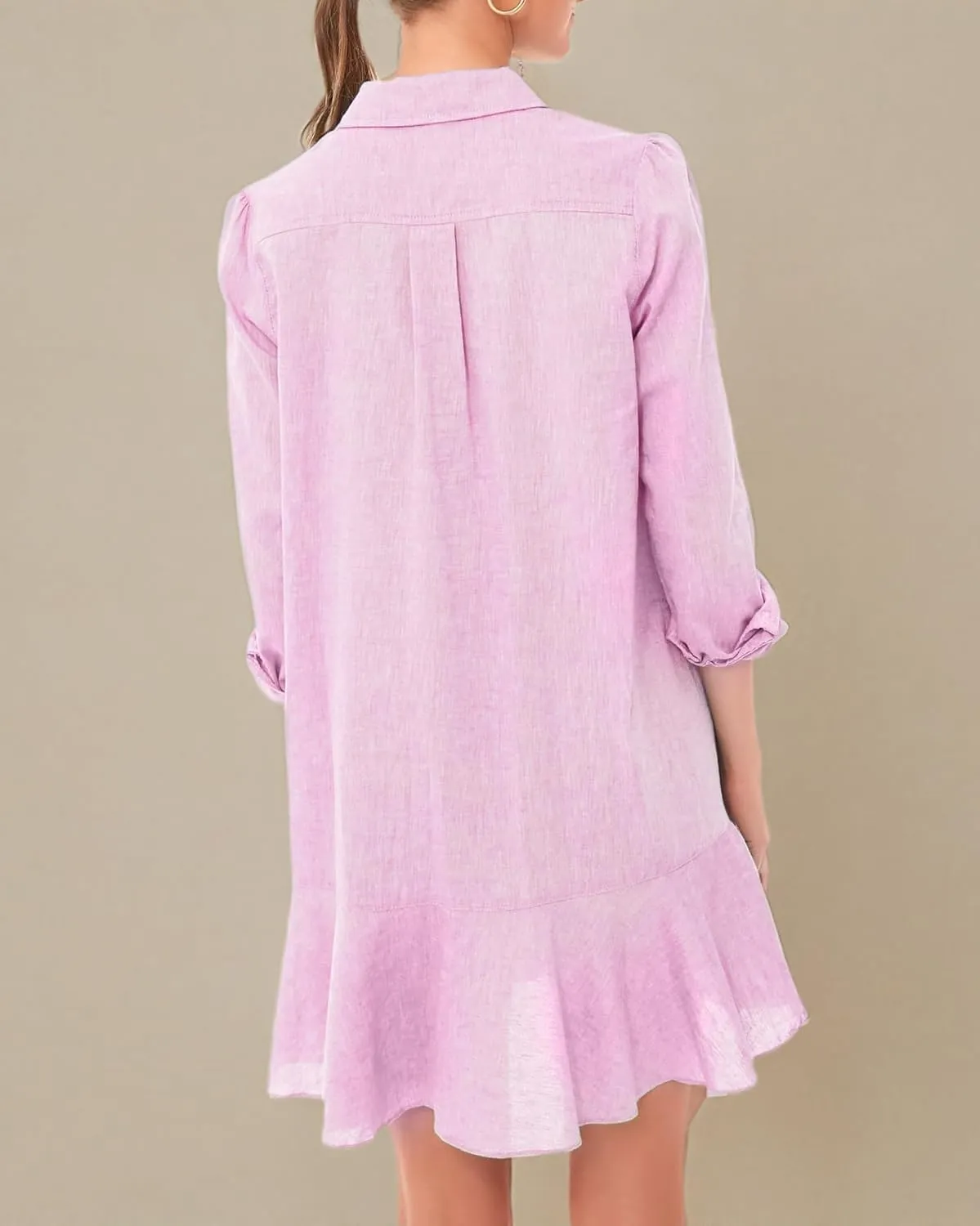 Kedera Women‘s Tunic Shirt Mini Dress Long Sleeves Short Dress Button Up Ruffle Hem Shift Dresses with Pockets