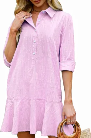 Kedera Women‘s Tunic Shirt Mini Dress Long Sleeves Short Dress Button Up Ruffle Hem Shift Dresses with Pockets