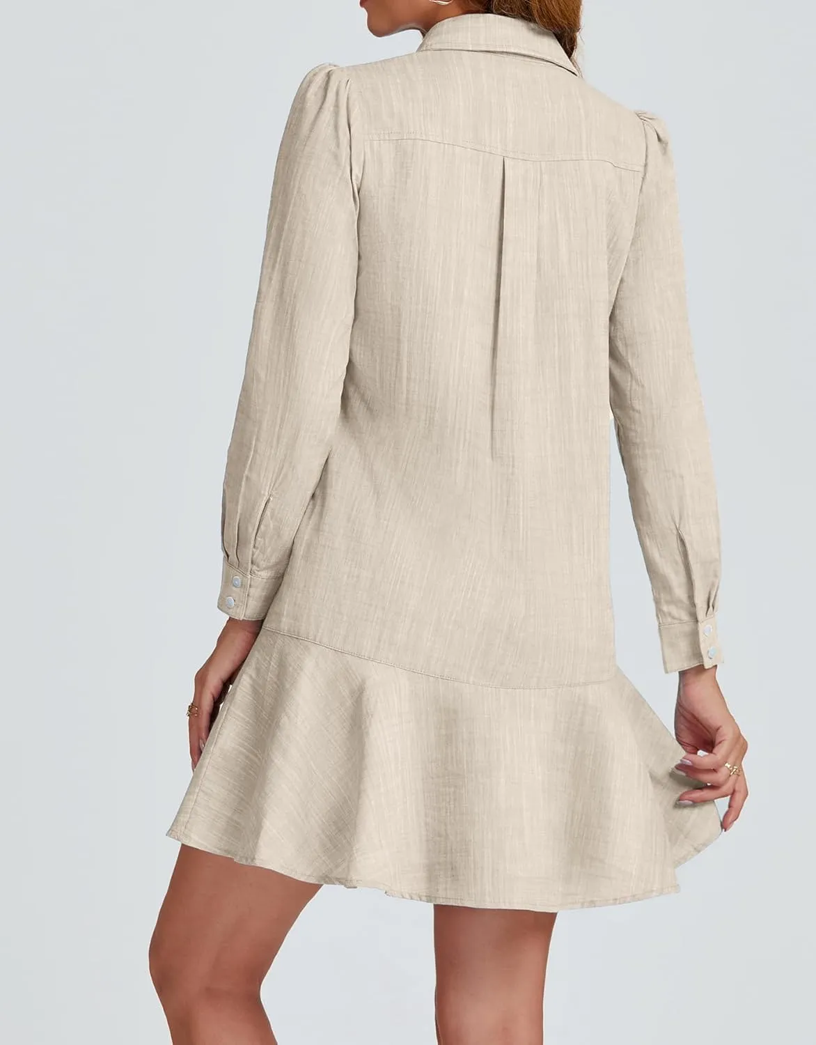 Kedera Women‘s Tunic Shirt Mini Dress Long Sleeves Short Dress Button Up Ruffle Hem Shift Dresses with Pockets