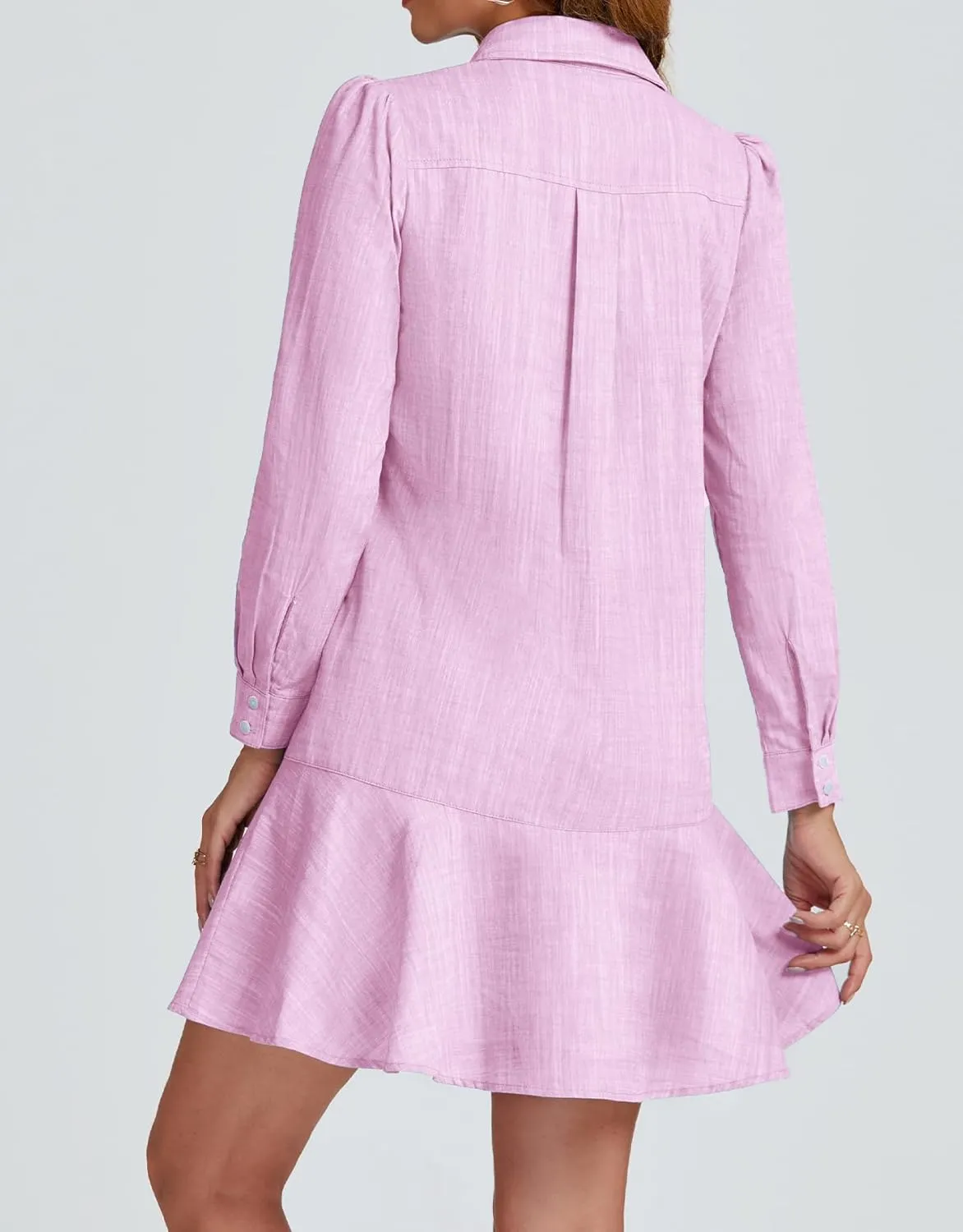 Kedera Women‘s Tunic Shirt Mini Dress Long Sleeves Short Dress Button Up Ruffle Hem Shift Dresses with Pockets
